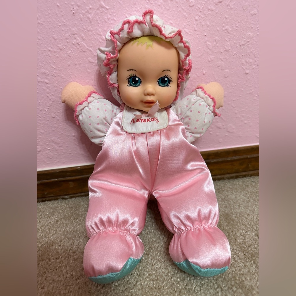 Playskool My Very Soft Baby Doll Pink Satin 11" Squeaker Toy Plush Body VTG 90s